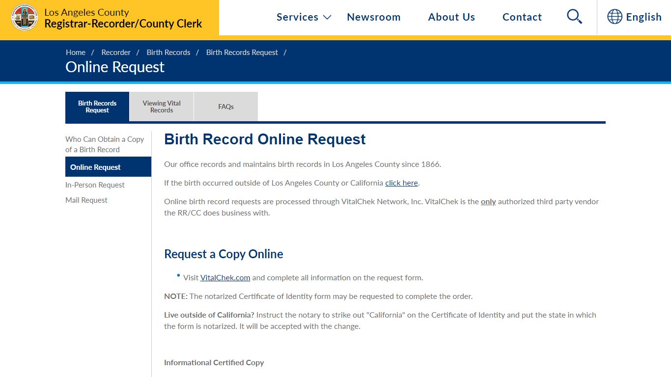 Birth Record Online Request - Los Angeles County RR/CC